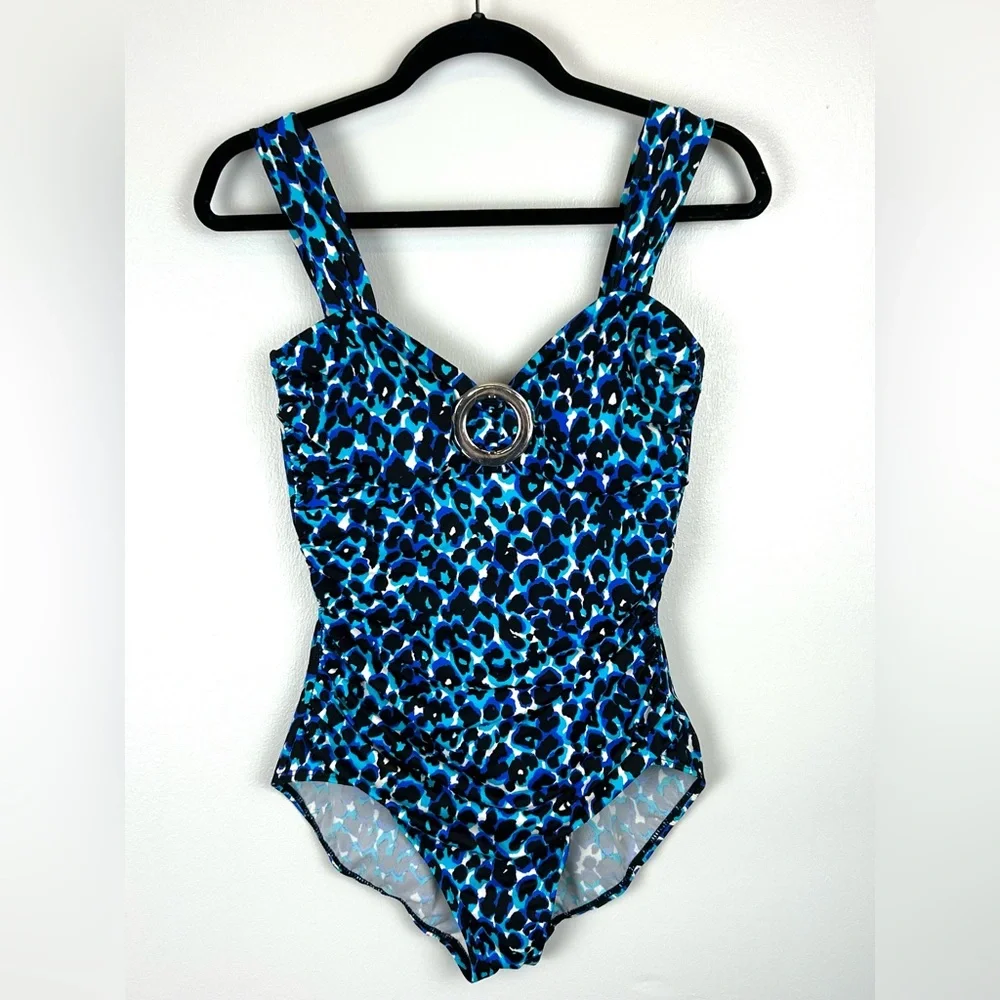 Miraclesuit One Piece Swimsuit Size 6 Black Blue‎ Animal Print Slimming Padded